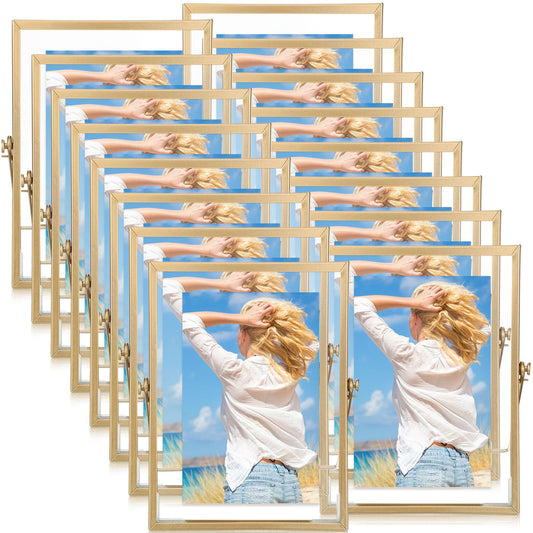 Hoteam 16 Pcs 4 x 6 Inches Gold Floating Frames Glass Photo Frames Vertical Vintage Metal Picture for Wedding Photo Picture Mounting Tabletop Display Office Decor