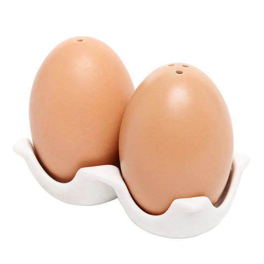 MyGift Ceramic Salt and Pepper Shaker Set, Mini Brown Egg Shaped Shakers with Carton Design Holding Stand, 3 Piece