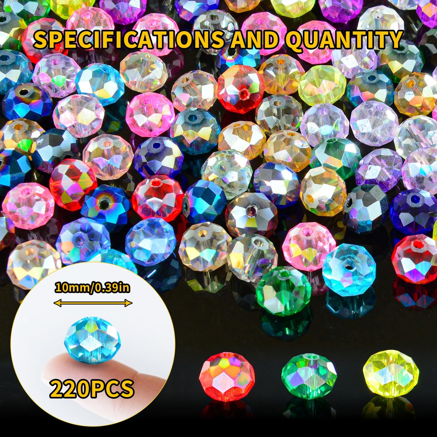 Laopottbeads 220Pcs Colors Random 10mm Crystal Glass Beads for Jewelry Making Beads for Bracelets Necklace Pendants Making Supplies(Mixed Colors)