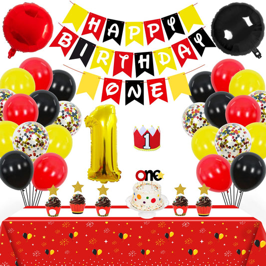 1st Red Black Yellow Birthday Party Supplies Decorations 58Pcs Happy Birthday ONE Banner Tablecloth 1 Foil Balloon Hat Door Sign Cupcake Topper Video Game Party Decorations for Boys Girls Kids Babies