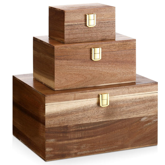 Novabright 3 Pack Wooden Keepsake Box, 3 Size Handmade Decorative Treasure Chest Box, Gift Ideas for Men & Women Jewelry Rings Storage(Brown,Acacia,Simple)
