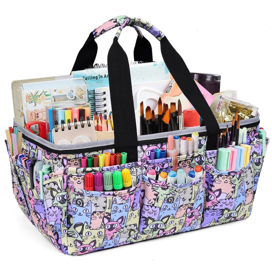 FORTEVIS Multi-Functional Tote Craft Bag Desktop File Folder Carrying Bag With Pockets For Art,Craft,Sewing, Travel, Daily Use,Office (Cat)