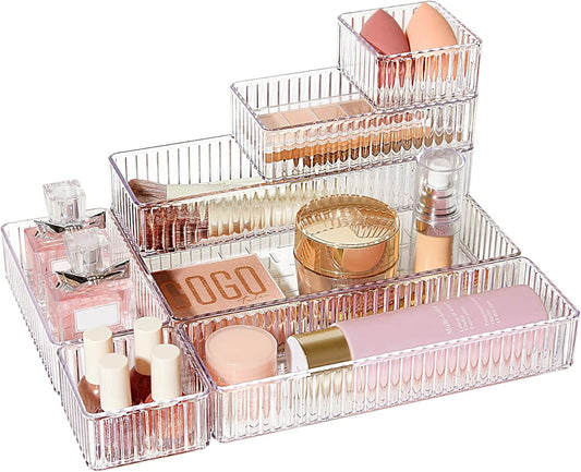Vtopmart 7-Piece Clear Drawer Organizer Set - Stackable Acrylic Storage Bins for Makeup, Office Supplies & Kitchen Utensils