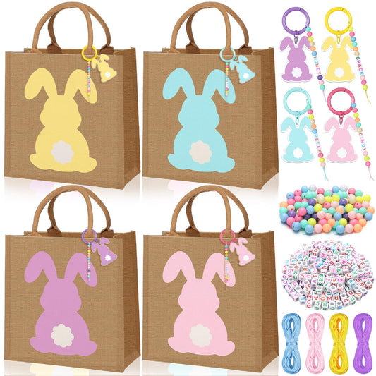 Hillban 4 Sets Personalized Easter Burlap Gift Bags Reusable Large Egg Hunt Bunny Tote with Handles and DIY Name Beads Keychain Making Kit for Women Jute Baskets for Easter Party Favors Gifts Storage