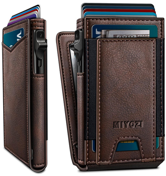 miyozi Wallet for Men, Slim Pop Up Card Holder - RFID Blocking Minimalist Bifold Wallet with ID Window, Holds 9-11 Cards & Stretchable Strap, Metal Flip Case with Magnetic Closure, Gift Box