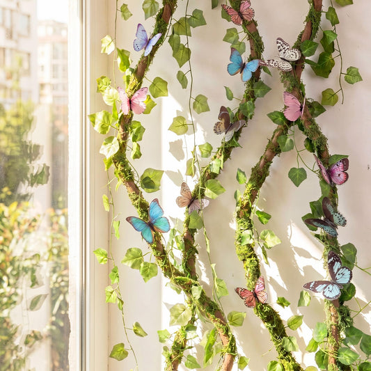 Janinka Enchanted Forest Decoration Include 2 Roll 118in Artificial Vines 100g Fake Moss 2 Hanging Willow Vines and 18 Colorful Butterflies for Enchanted Forest Wedding Party Wall Ceiling Garden Decor