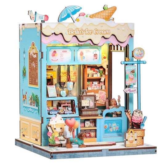 Cutefun Book Nook Kit - DIY Miniature Dollhouse Kit for Adults and Teens, 3D Wooden Puzzle Bookshelf Insert Decor with LED Light, Gifts for Book Lovers and Beginners (Bella's Ice Cream)