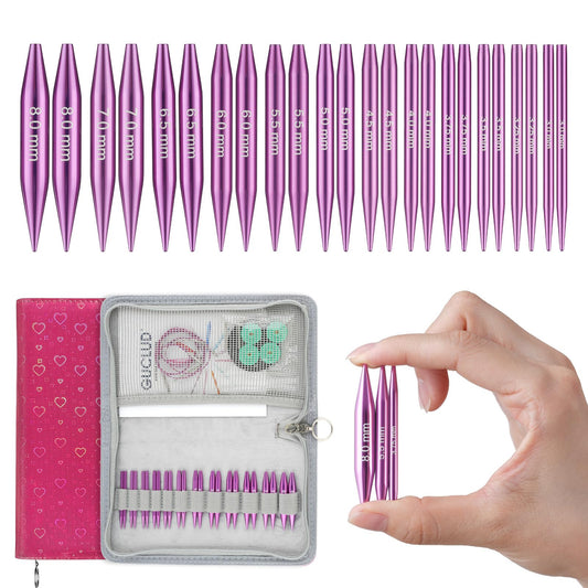 Guclud 2-Inch Short Interchangeable Circular Knitting Needles Set | US 2.5-11 (3.0-8.0mm) | 12-Pair of Metal Small Circular Needles | 4 Cables (6", 8", 12", and 16"), Accessories & Case
