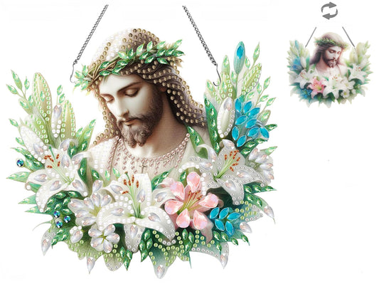Apomelo Diamond Art Kit for Adult Jesus Religious Double-Sided Pattern Design Special Gem Diamond Art Hanging Pendant Kit Ornament for Wall Window Decor, Wreath Jesus