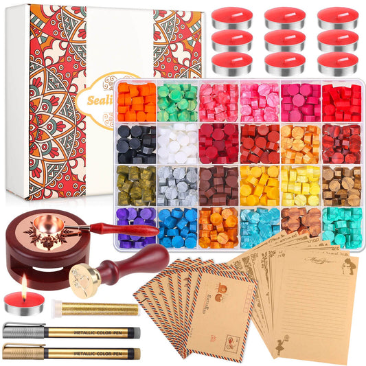 Anezus 754pcs Sealing Kit with Wax Beads, Stamp, Warmer, Vintage Envelopes, Metallic Pen for Letter Sealing, Invitations, Crafts