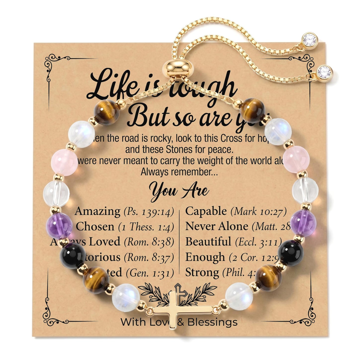 Aghfacy Encouragement Gifts for Women Cross Bracelet Natural Gemstone Crystal Bracelet Gold Cross Charm Christian Encouragement Gift Inspirational Gifts for Women Adjustable with Message Card