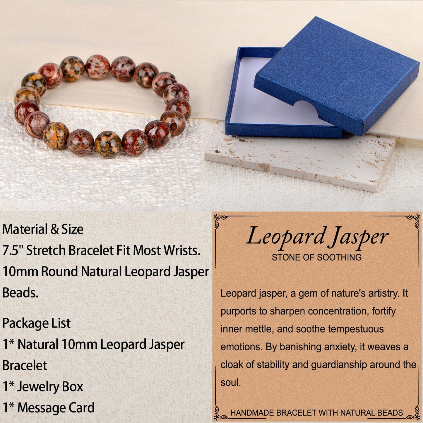 LPBeads Handmade Natural Gemstone Stretch Elastic 10mm Leopard Jasper Bracelet Healing Crystal Round Stone Beads Jewelry Gifts for Women Men