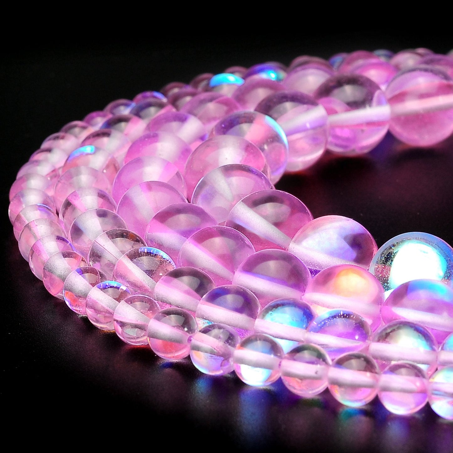 RUBYCA Round Moonstone Crystal Glass Beads Aura Iridescent for Jewelry Making (1 Strand, 10mm, Pink)