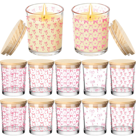 Ziliny 10 Pcs Pink Bow Glass Candle Jars Empty Containers Bulk 7 oz Glass Jars with Cork Lids Tins for Xmas Holiday Candle Making Storing Biscuits Tea Party Favors