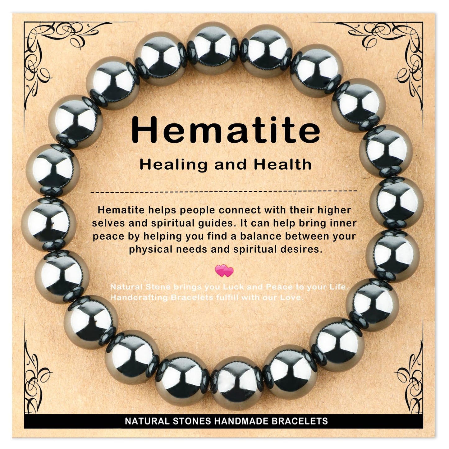 AD Beads 10mm Handmade Hematite Elastic Bracelet – Natural Gemstone for Healing and Health – Meditation, Yoga, Healing and Energy Gift for Men Women
