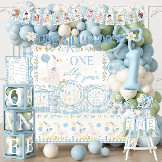 One Silly Goose Birthday Decor Boy, 270Pcs Blue Silly Goose First Birthday Decorations Kit include One Silly Goose Banner,Backdrop,Balloon Arch,Boxes,High Chair Banner,Bow Cupcake Toppers,Tableware