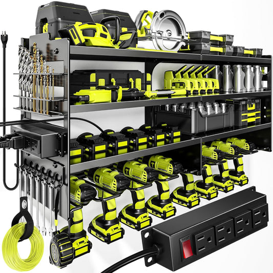 POKIPO Large Power Tool Organizer - Heavy Duty Wall Mount Storage Rack with Charging Station | Holds 600lbs