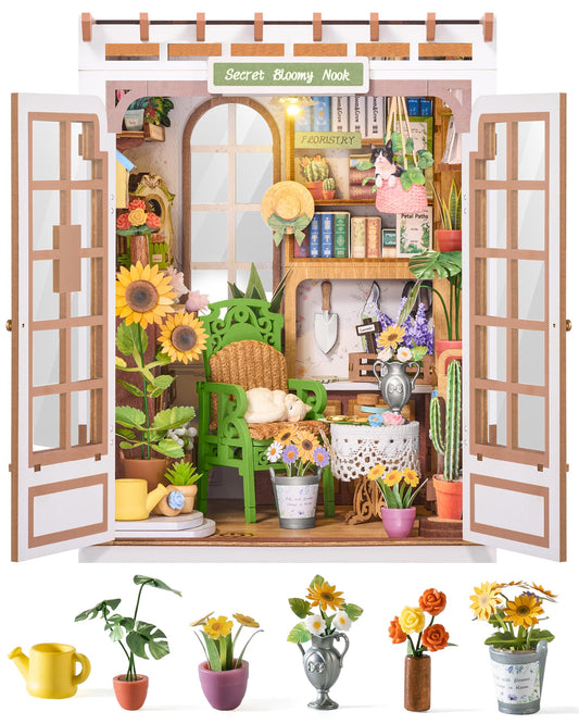 Rolife DIY Book Nook Kit Secret Bloomy Nook, Secret Garden Floral Theme 3D Wooden Puzzle, Plant & Flower Decor for Bookshelf, Creative Gift for Plant Lovers