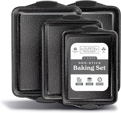 Country Kitchen Nonstick Bakeware Set - Heavy Duty & Easy Release | 4-Piece Black Stackable Set
