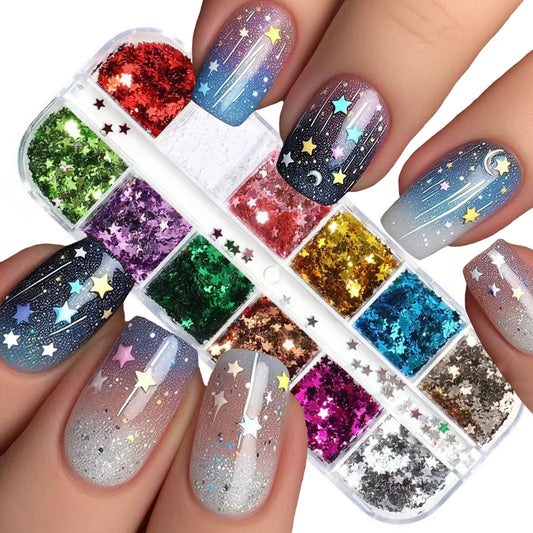 12 Colors Nail Glitters Sequins 3D Holographic Laser Star Nail Flakes Sparkly Shining Star Nail Decals Nail Art Design Nail Decor for Women Girls Nail Art DIY Independence Day Decorations Charms