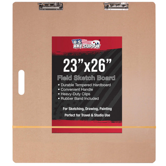 U.S. Art Supply 23" x 26" Artist Sketch Tote Board - Lightweight Hardboard Drawing Board with Handle, Clip & Rubber Band for Art, Sketching, Travel, Studio