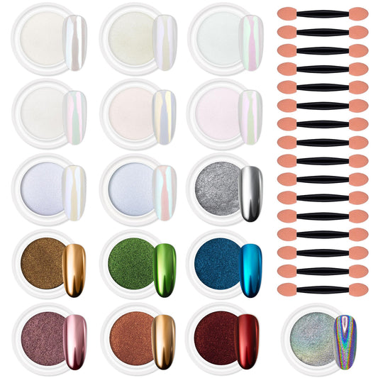 Artdone 16 Colors Chrome Nail Powder, Iridescent Aurora Chameleon Powder Metallic Mirror Effect Pigment Pearlescent Mermaid Pigment Pearl Glitter Dust Kit, Nail Art Decoration, Resin Craft