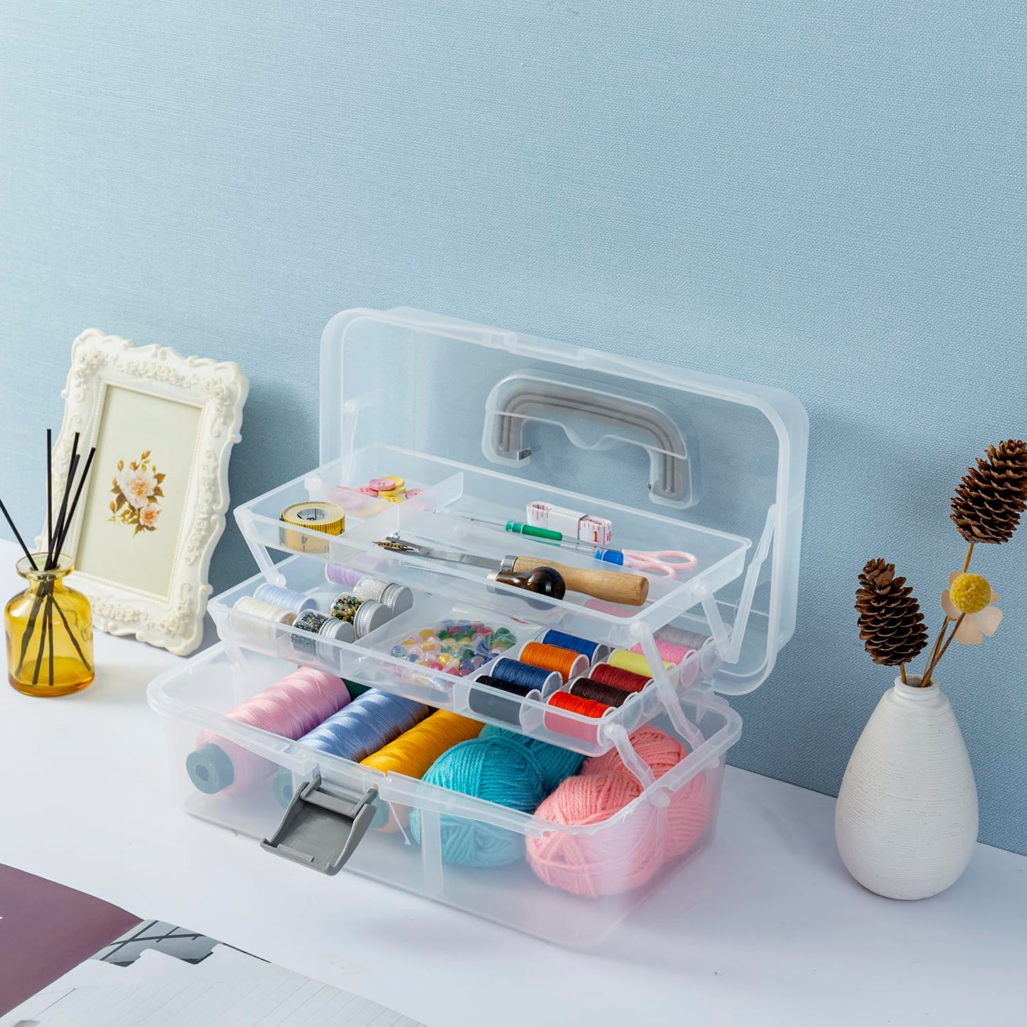 MyGift 13 Inch Transparent Plastic Empty Multipurpose Storage Box with Gray Handle, Latching Lid and 2 Expandable Trays for Tools, First Aid, Sewing Kit, Arts Crafts Supplies