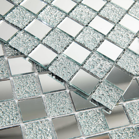 Adedeo Crystal Diamond Mirror Mosaic Tile Square Glass Mosaic Tile for Kitchen Backsplash Bathroom Wall (6 Sheets, Silver Square Flat Mirror)