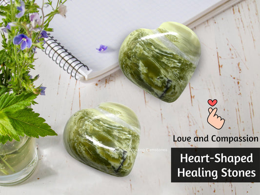Amazing Gemstone Serpentine Crystal Heart Palm Stone - Pocket Massage Worry Stone for Natural Body Chakra Balancing, Reiki Healing and Crystal Grid