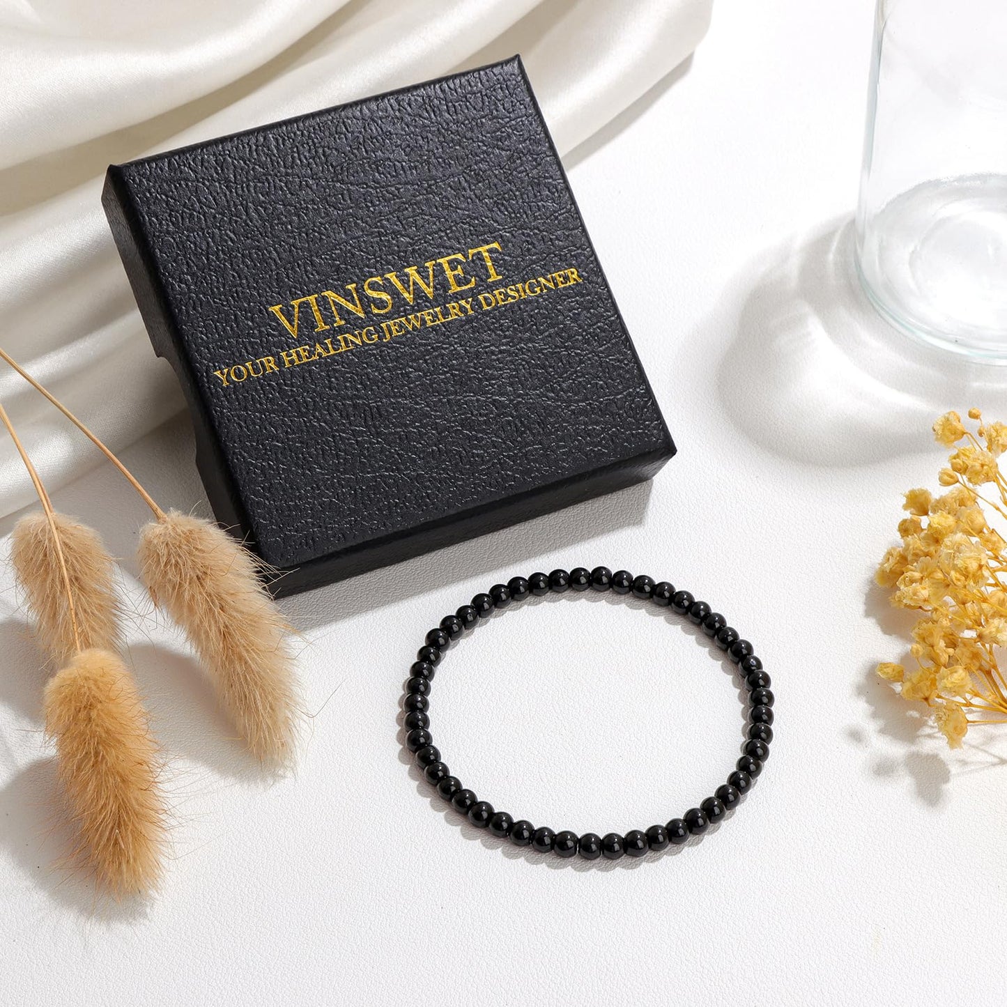 Vinswet Healing Crystal Bracelets for Women Men 4mm Black Tourmaline Natural Stone Beaded Stretch Bracelet Handmade Gemstone Reiki Spiritual Jewelry Gifts