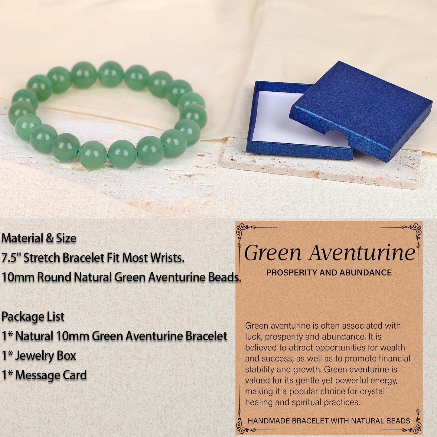 LPBeads Handmade Natural Gemstone Stretch Elastic 10mm Green Aventurine Bracelet Healing Crystal Round Stone Beads Jewelry Gifts for Women Men