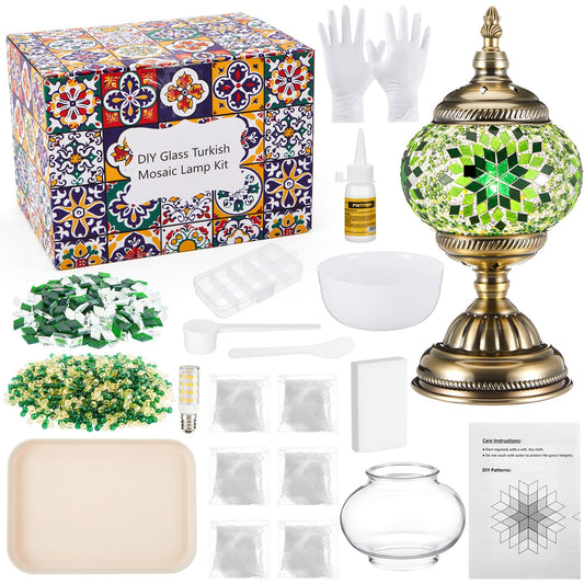 Baquler Turkish Mosaic Lamp Kit DIY Stained Glass Decorative Table Bedside Night Light Tabletop Bohemian Morrocan Lamp Crfat Kit for Living Room Decorations, Make Your Own (Green)