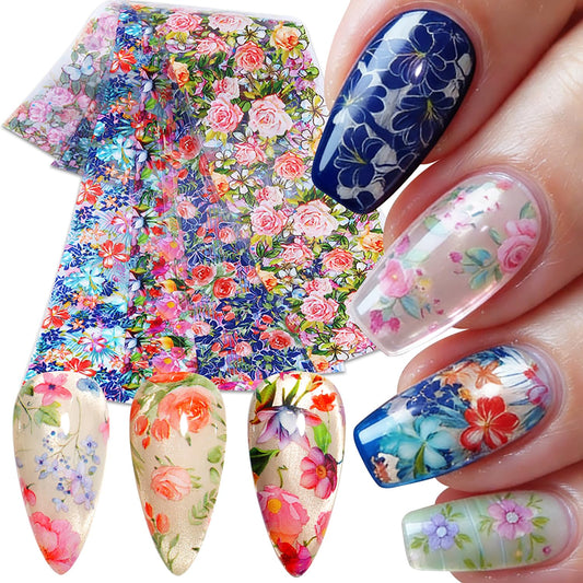 10 Sheets Spring Flower Nail Foil Transfer Stickers Rose Flowers Butterfly Nail Foils Transfer Nail Art Colorful Floral Nail Art Foil Decals Summer Nail Salon Supplies for Women DIY Manicure Decor