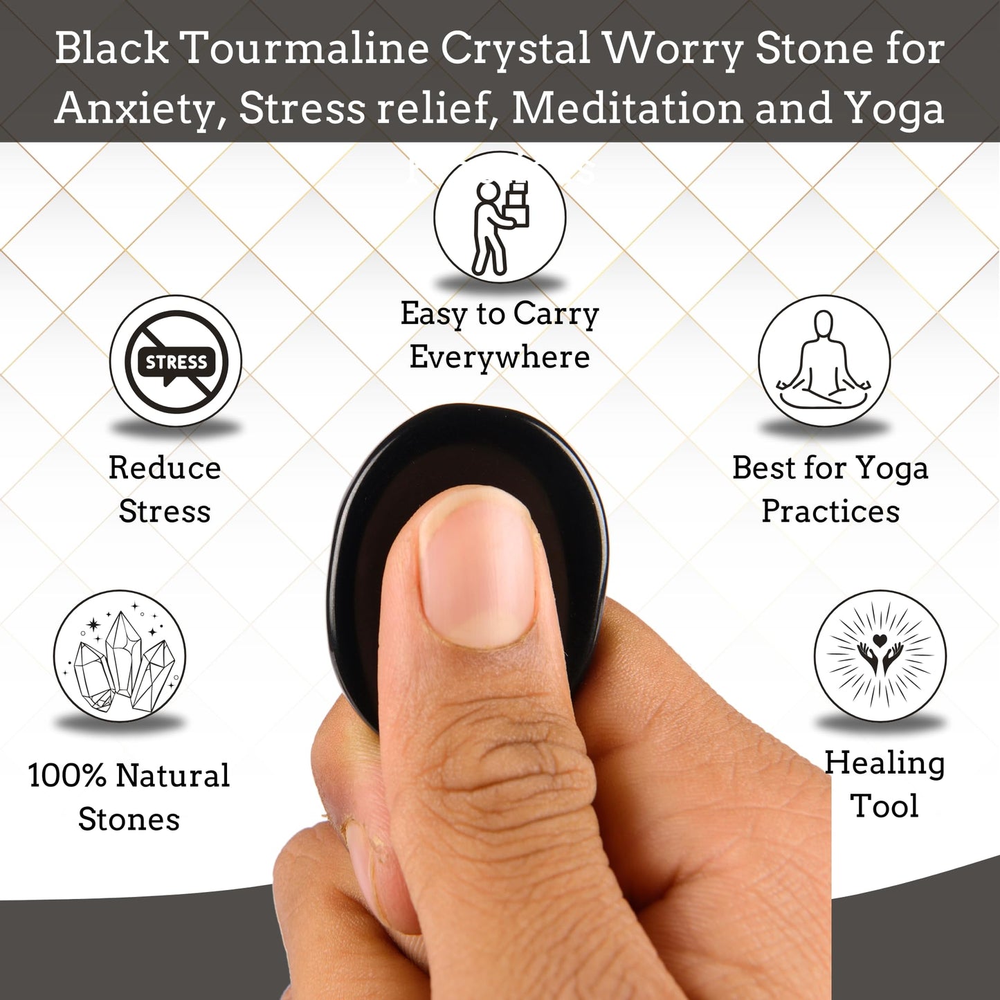 Anaya Agate Black Tourmaline Worry Stones Certified Crystal Thumb Worry Stone for Anguish, Relaxing and Soothing Balance Stones for Meditation, Stress Relief Crystals and Healing Stones for Men, Women