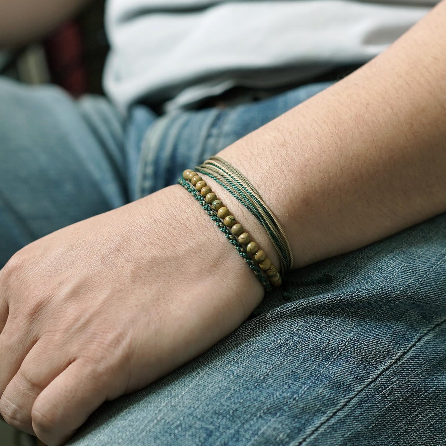 Handmade Natural Stone Beaded Healing Bracelet Gift for Men Adjustable Rope String Bracelet (Green Loong Jasper, Adjustable)