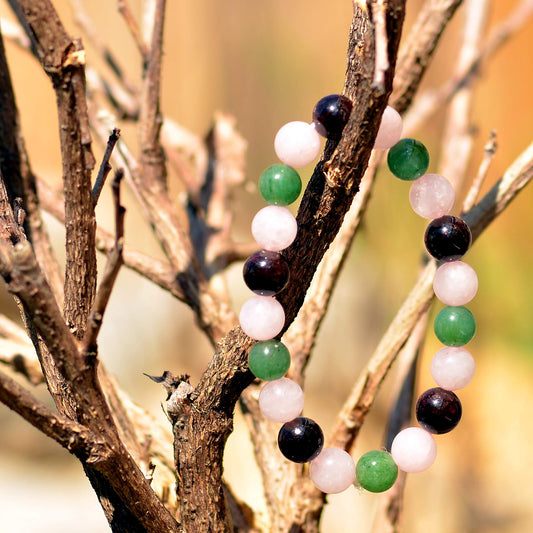 Crystal Agate Triple Stone Bracelet – Rose Quartz, Red Garnet & Green Aventurine – 10mm Natural Gemstone Beaded Stretch Bracelet – Healing, Meditation & Reiki Energy Gift