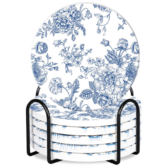 FYSUIMU 6Pcs White Blue Floral Coasters Vintage Flower Toile Ceramic Drink Coasters Absorbent French Country Chinoiserie Cup Mat for Home Kitchen Office Party Table Decor