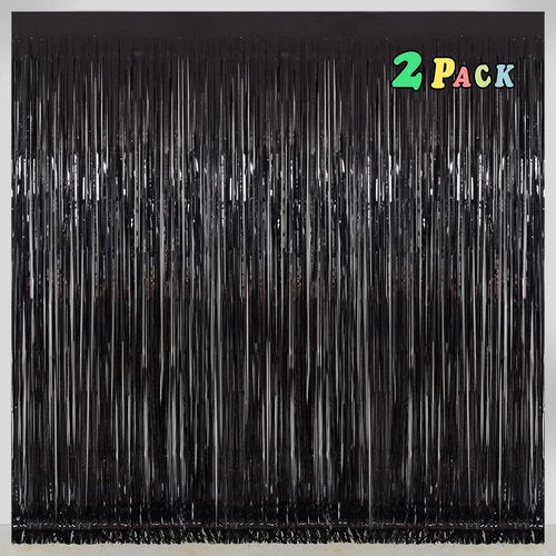 Melsan Black Tinsel Fringe Backdrop Curtains - 3.2 x 8 Ft Photo Backdrop for Parties | Pack of 2