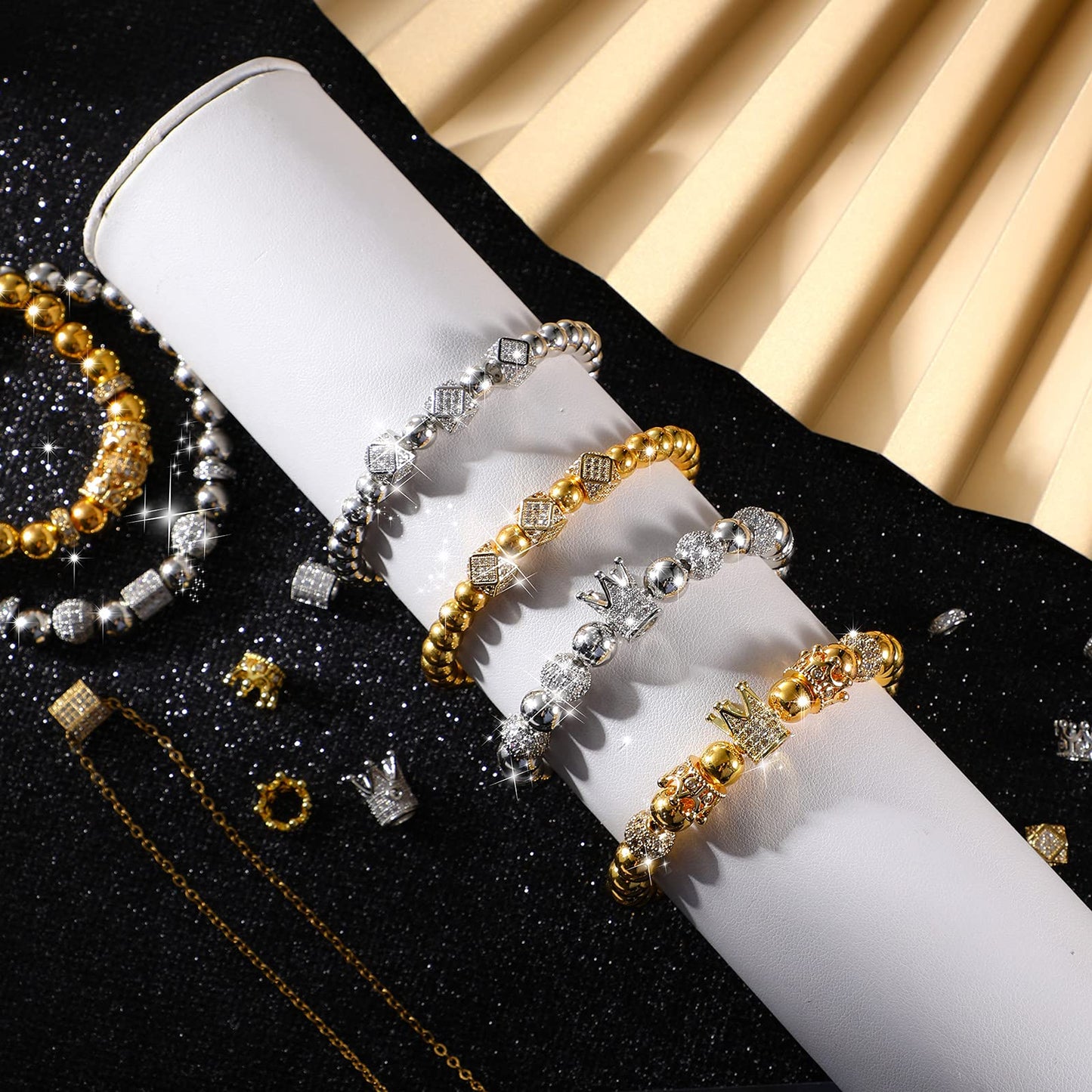 40 Pieces King Crown Charms 8mm Round Rhinestone Beads Hexagon Big Hole Spacer Beads Bracelet Connector for DIY Xmas Jewelry Crafts Making (Multicolor with White Zircon)
