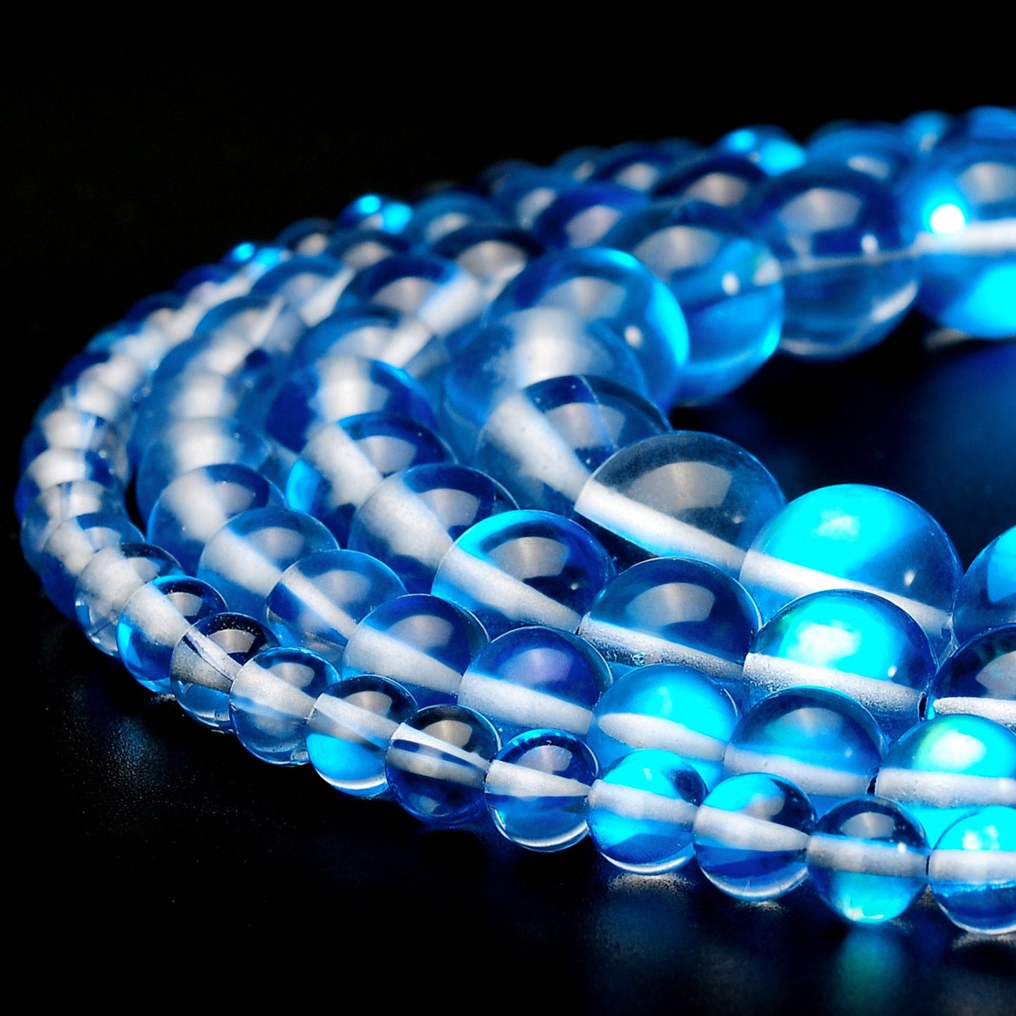 RUBYCA Round Moonstone Crystal Glass Beads Aura Iridescent for Jewelry Making (1 Strand, 6mm, Blue)