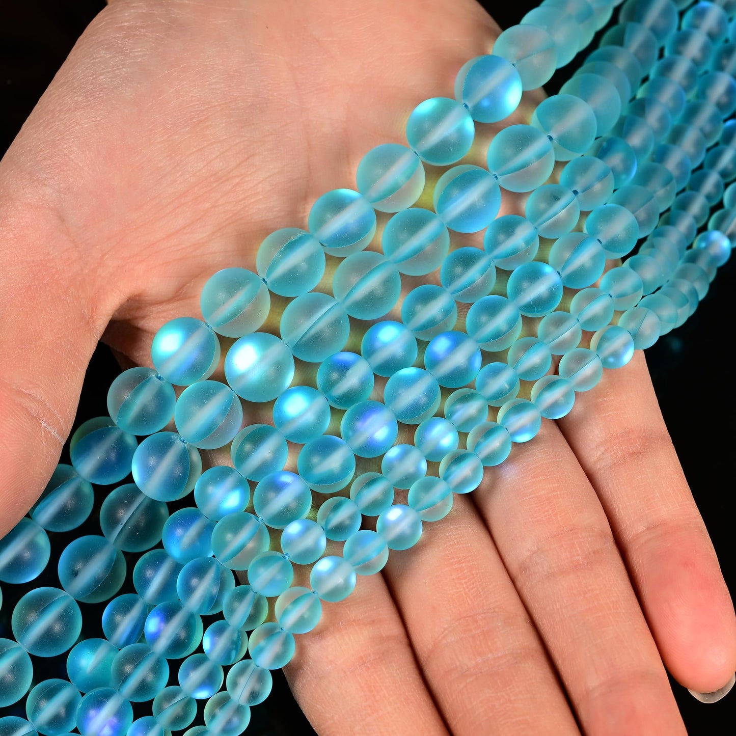 10mm Matte Aqua Blue Mermaid Aurora Crystal Glass Bead, Glitter Round Synthetic Moonstone Beads for Jewelry Making Bracelets