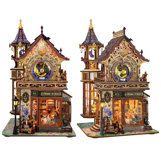 Spilay DIY Miniature House Kit, House Building Kit 3D Wooden Puzzle with LED Lights, Book Nook Kit for Adult Bookshelf Decor&Gift for Birthday Halloween Christmas（Time Magic Club）