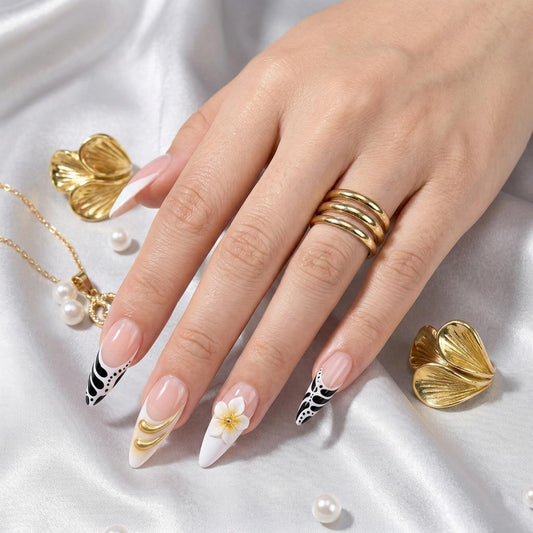 Almond Press on Nails Long Fake Nails Black Acrylic Nail Press ons Seeneey Gold Charm and Floral Designs Cute Stick on Nail for Women 24pcs
