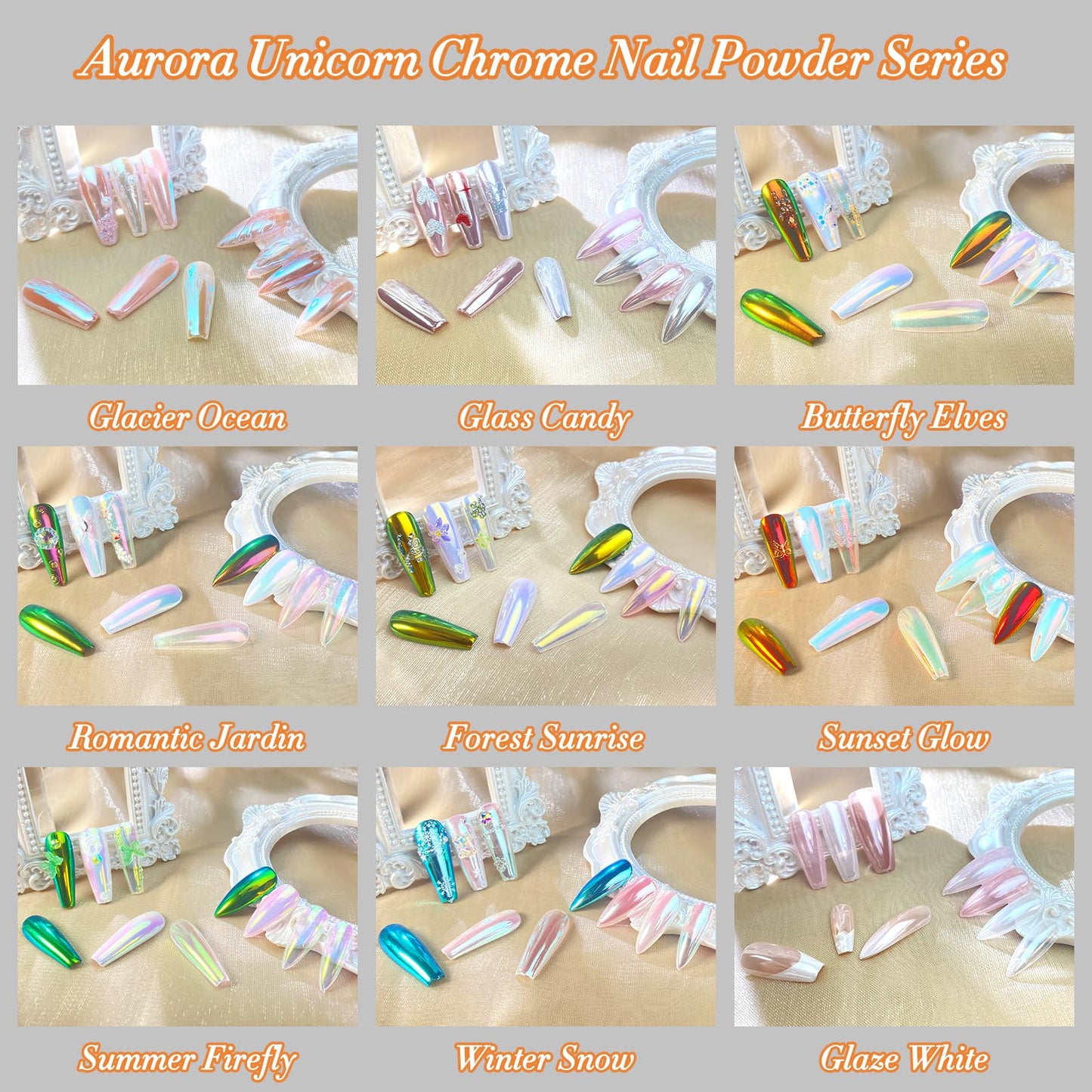 FNNZ Unicorn Chrome Nail Powder, Aurora Unichrome Mermaid Aurora Nail Powder Pigment Pearlescent Nail Art Glitter Decoration for Home DIY Nail Salon Manicure - Sunset Glow