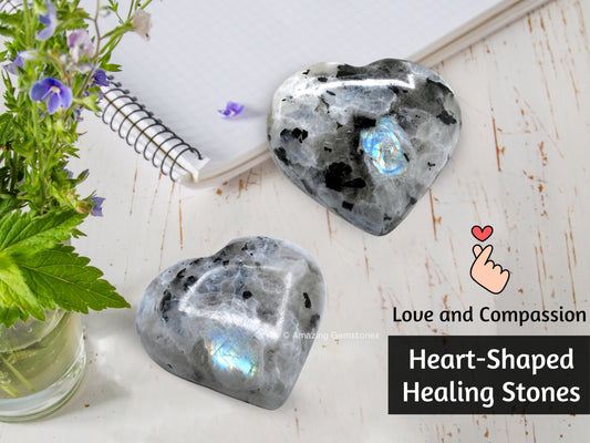 Amazing Gemstone Rainbow Moonstone Crystal Heart Palm Stone - Pocket Massage Worry Stone for Natural Body Chakra Balancing, Reiki Healing and Crystal Grid
