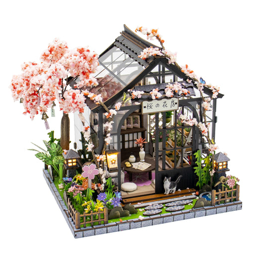 Plustopoy DIY Miniature House Kit, 3D Wooden Dollhouse with LED Lights, Creative Book Nook Kit for Home Decor, Japanese Sakura Greenhouse Miniature Room Kit Craft Building Model Gift for Women