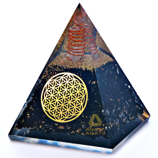 Anaya Agate Orgone Pyramid – Black Tourmaline Crystal Pyramid with Flower of Life Symbol – Unique Feng Shui Meditation Crystals – Perfect Yoga, Grounding, Magnetic Therapy – Healing and Protection