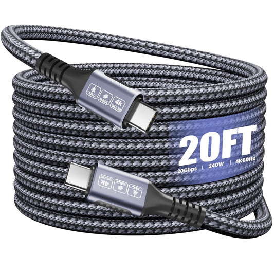 Arkidyn 20ft, 240W 20Gbps 4K@60Hz 17/16/15, USB C to USB C Cable PD Fast Charging, Data Transfer, Video Cable, Durable