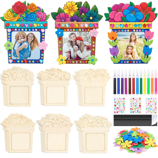 Bafeil 24 Pcs DIY Wooden Picture Frame Craft Kit, Mother's Day Flower Photo Frame Magnets to Paint, Unfinished Wood Frames with Color Pens, Gem Stickers & EVA Foam Shapes, Handmade Gift Set