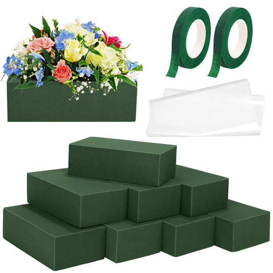 Aneco 8 Pieces Floral Foam Blocks Set Square Green Floral Foam with Floral Tape & Clear Cellophane Wrap for Fresh Artificial Flower DIY Arrangements Home Wedding Decor, 5.5 x 3.1 x 1.8 Inch